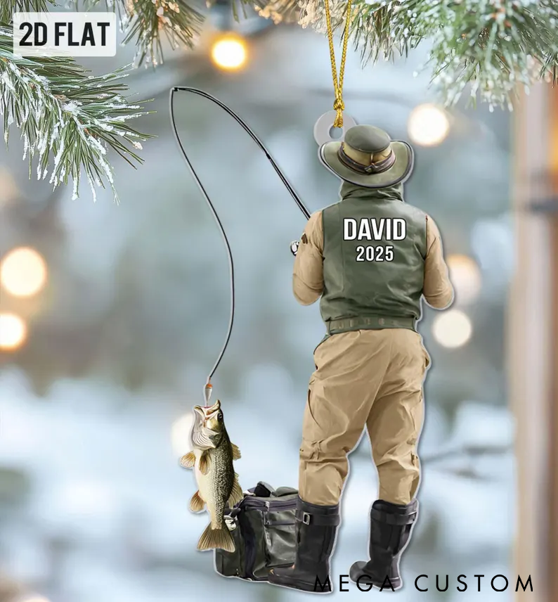 Personalized Fishing Ornament Custom Name and Time 2D Flat Design Unique Christmas Tree Decoration for Fishing Lovers