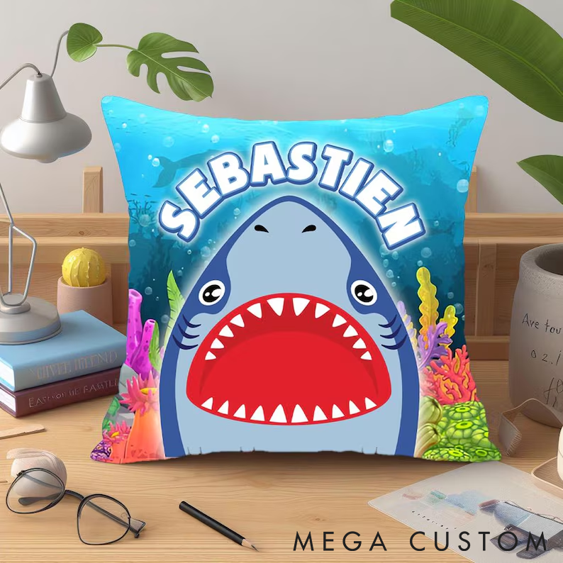 Personalized Shark Theme Pillow Custom Name Funny Ocean Design for Kids Perfect Gift for Fishing Enthusiasts and Sea Life Lovers