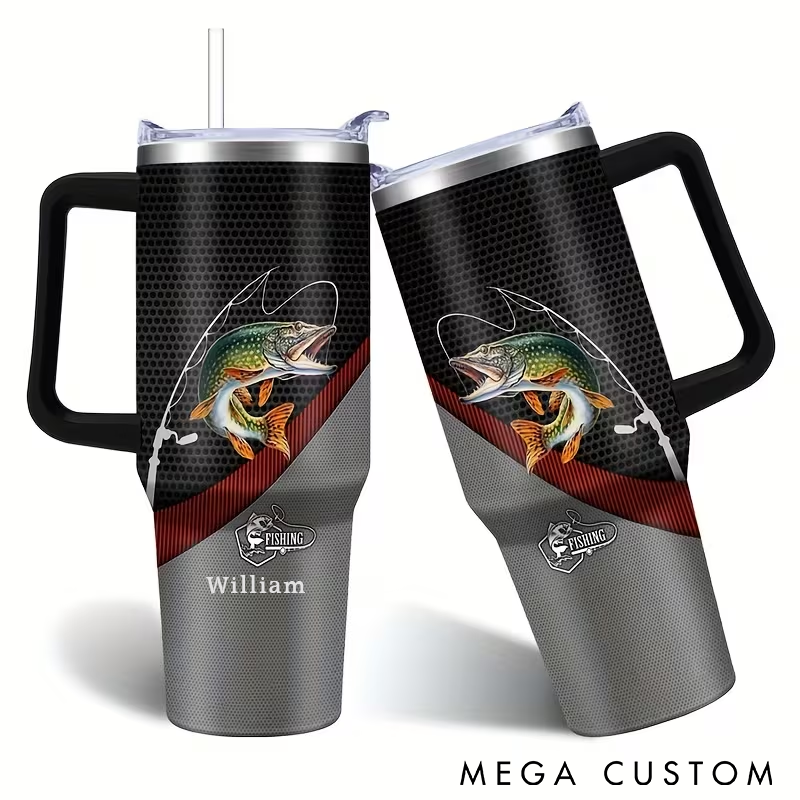 Personalized Fishing Tumbler with Handle with Fish Design Custom Name Stainless Steel Insulated Mug for Fishing Enthusiasts