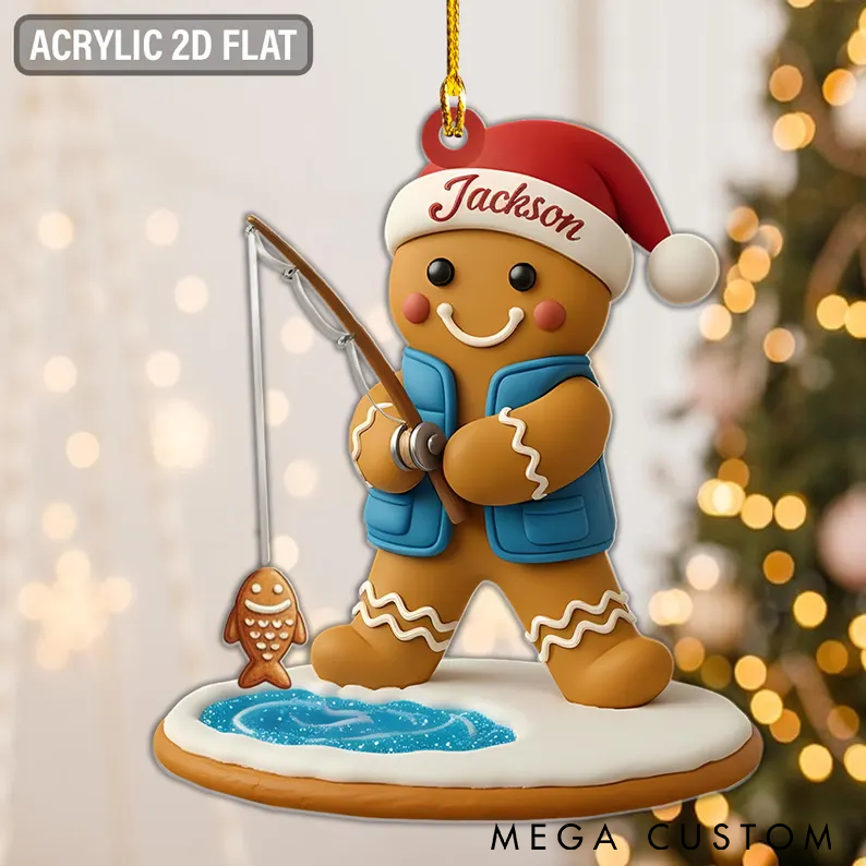 Personalized Gingerbread Fishing Ornament Fishing Christmas Ornament Custom Name Acrylic 2D Flat Design Cute Christmas Tree Decoration for Fishing Lovers