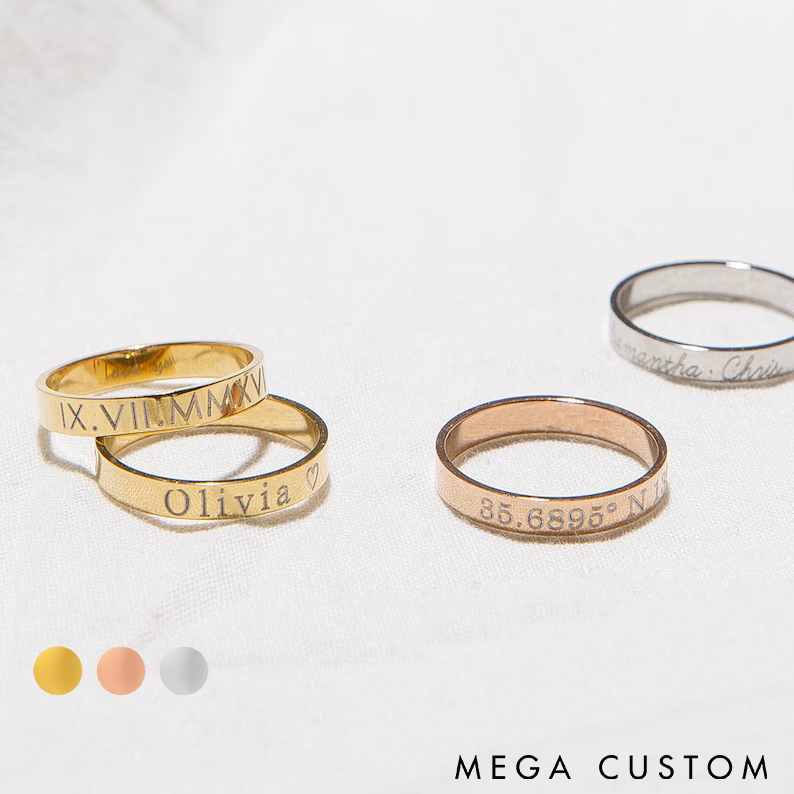 Personalized Engraved Ring Custom Name or text Minimalist Design in Gold Rose Gold and Silver Unique Gift for Her