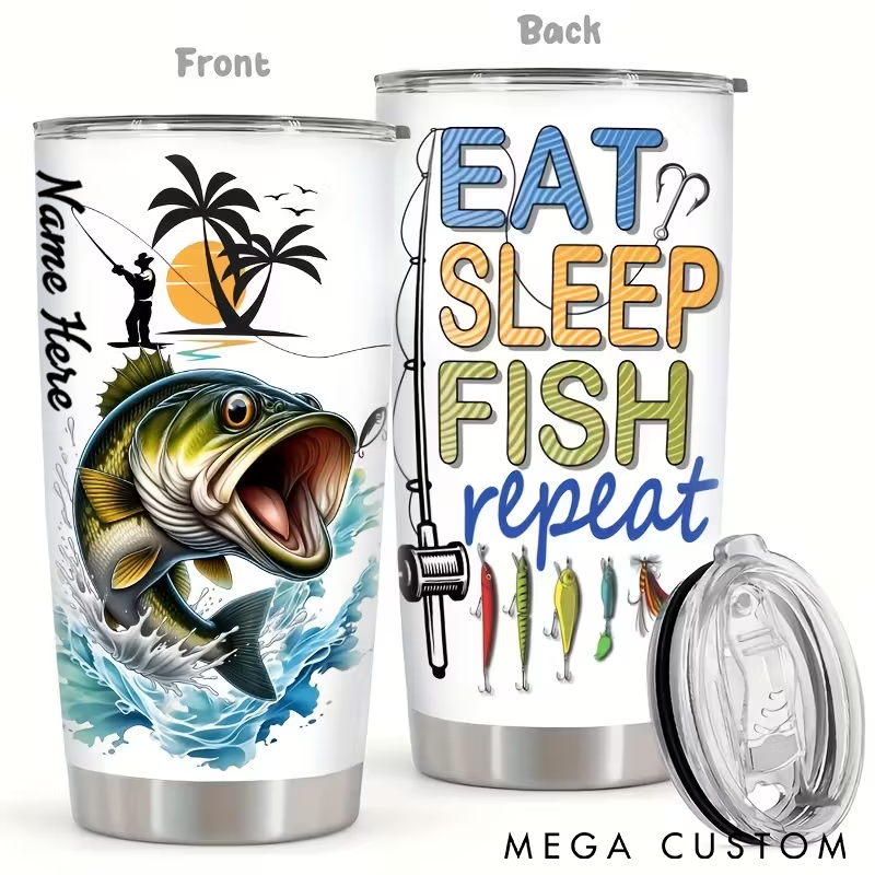 Personalized Fishing Tumbler Eat Sleep Fish Repeat Design Custom Name Stainless Steel Insulated Cup Perfect Gift for Anglers and Outdoor Lovers