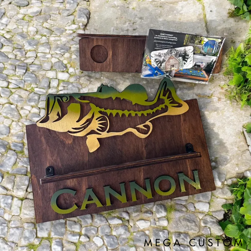 Personalized Fishing Rod Holder Wall Mount Custom Name Wooden Rack with Fish Design Perfect for Organizing Gear and Fishing Enthusiast Gifts