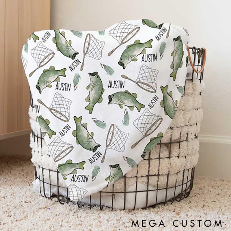 Personalized Fishing Blanket Bass Fishing Blanket Boy Fishing Blanket Fisherman Shower Gift Fishing Toddler Gift Custom Name Blanket Cozy Gift with Fish and Net Design for Anglers