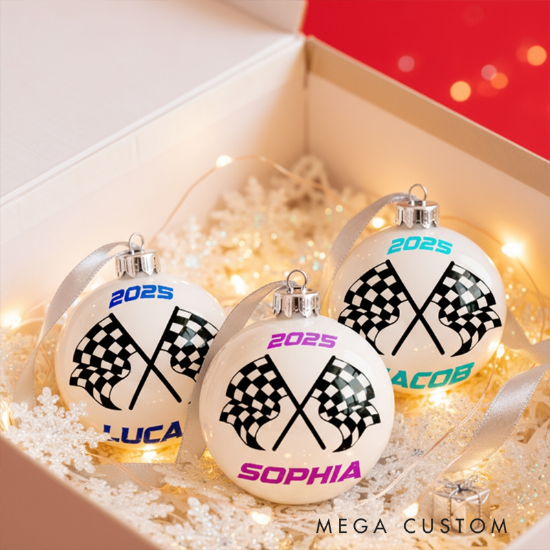 Personalized Racing Christmas Ornament Set of 3 Checkered Flag Ornaments for Racers and Racing Lovers