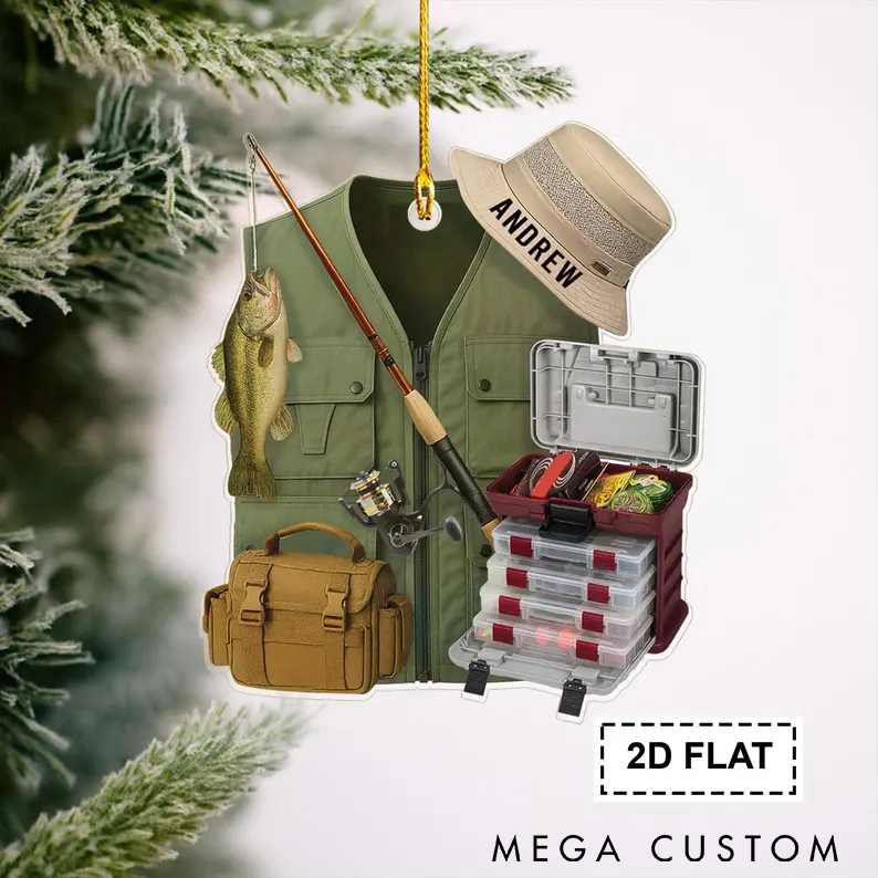 Personalized Fishing Christmas Ornament Bass Fishing Christmas Ornament Custom Name Design with Vest Rod and Tackle Box Perfect Gift for Fishing Lovers and Holiday Decor