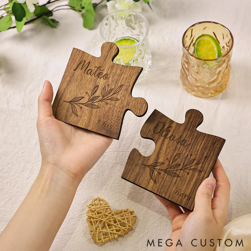 Personalized Couples Coaster Set Engraved Jigsaw Wooden Coaster Custom Names and Time Engraved Unique Couple Gift Rustic Home Decor Wedding or Anniversary Gift