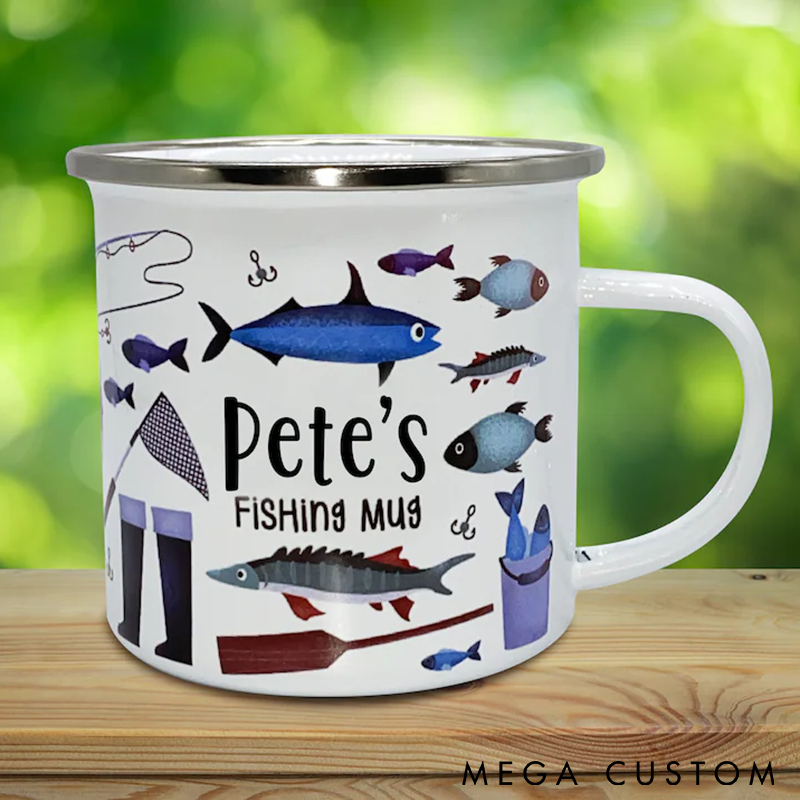 Personalized Fishing Mug Enamel Coffee Cup with Fishing Theme Lightweight and Durable Gift for Fishing Enthusiasts and Outdoor Adventures
