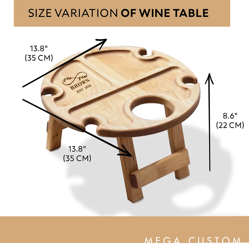 Personalized Wooden Folding Wine Picnic Table with Snack Holder Patio Furniture Portable Custom Engraved Outdoor Serving Tray for Camping or Gatherings