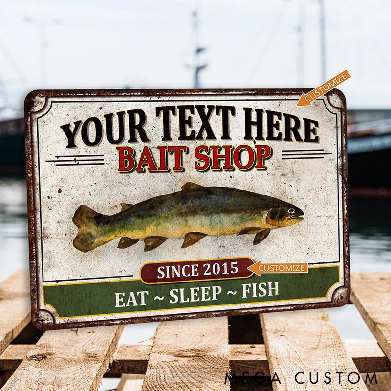 Personalized Fishing Metal Sign Bait Shop Sign Vintage Design Eat Sleep Fish Theme Custom Name Perfect for Fisherman Decor or Gift