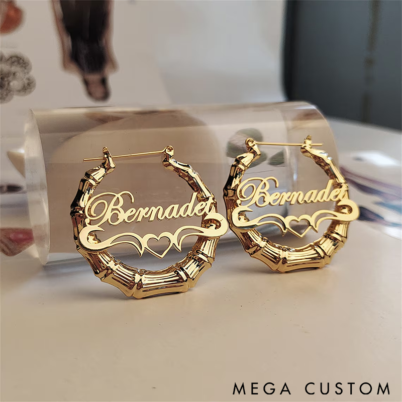 Personalized Bamboo Hoop Earrings Custom Name Jewelry with Heart Design Unique Gift for Women Stylish and Lightweight Accessories