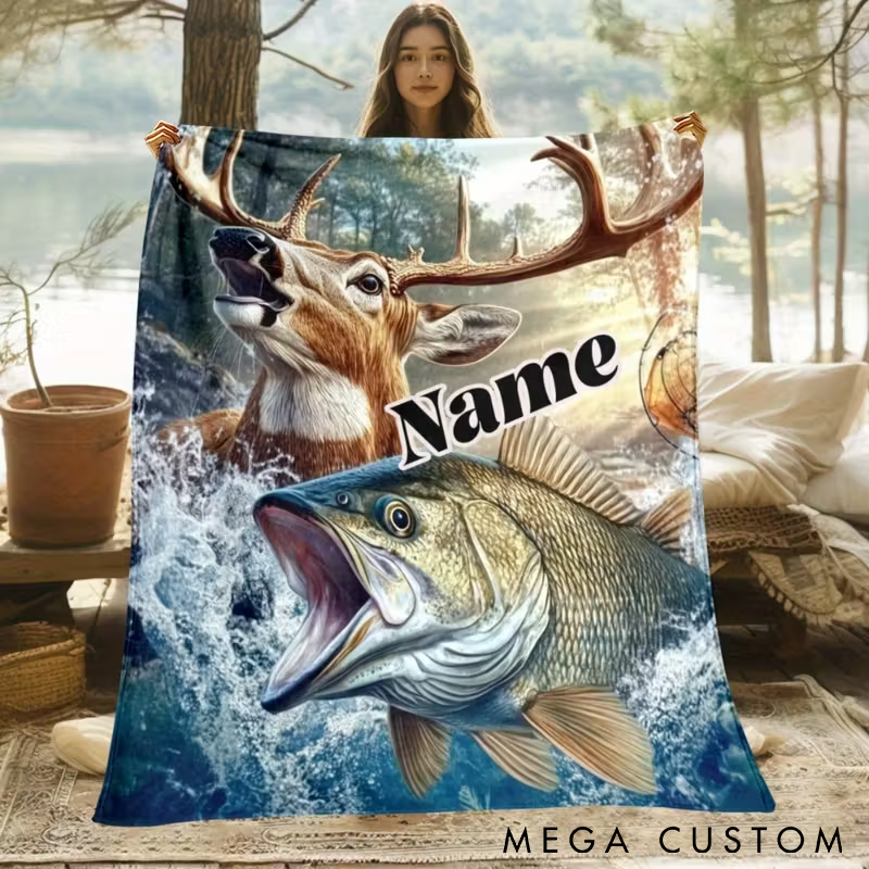 Personalized Fishing and Hunting Blanket Deer and Fish Design Custom Name Soft Gift for Outdoor and Fishing Enthusiasts