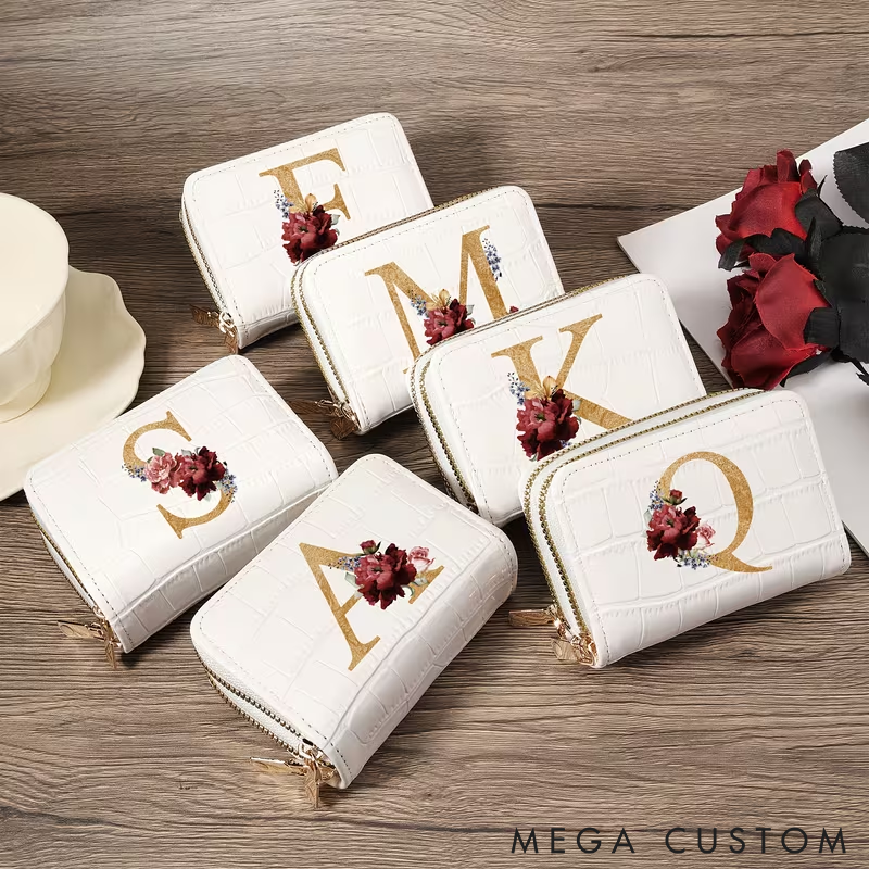 Personalized Small Wallet Custom Initial PU Leather Card Holder with Zipper Compact and Stylish Design for Cash Cards and Coins