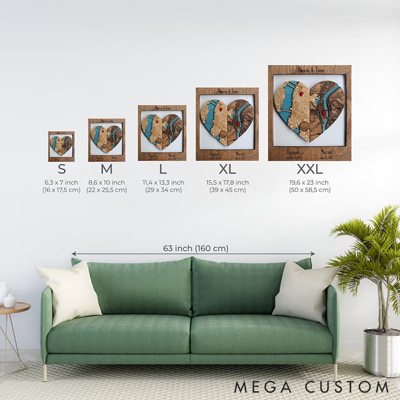 Personalized Heart Map Art Two Locations Heart Puzzle Map Wooden Framed Wall Art Unique Gift for Engagement Wedding or Anniversary