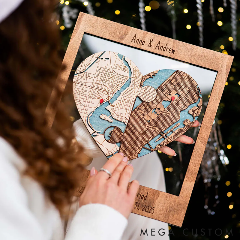 Personalized Heart Map Art Two Locations Heart Puzzle Map Wooden Framed Wall Art Unique Gift for Engagement Wedding or Anniversary