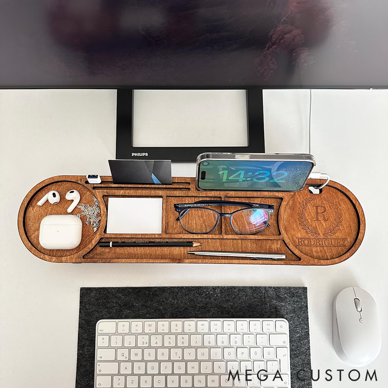Personalized Wooden Desk Organizer Office Desk Accessories Custom Tablet and Phone Stand Custom Docking Station Multifunctional Office Storage for Phone Glasses Pens and Accessories