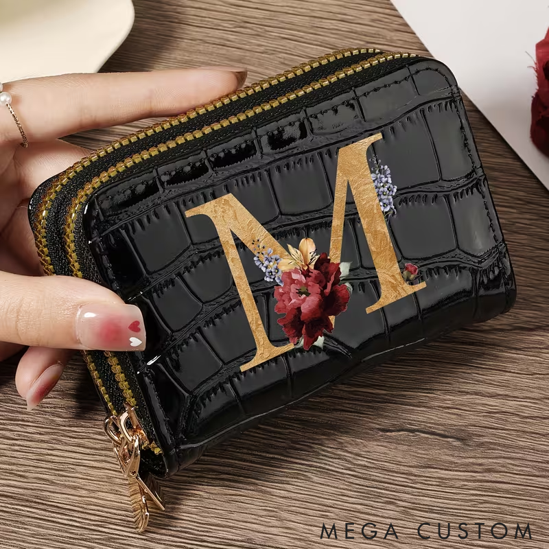 Personalized Small Wallet Custom Initial PU Leather Card Holder with Zipper Compact and Stylish Design for Cash Cards and Coins