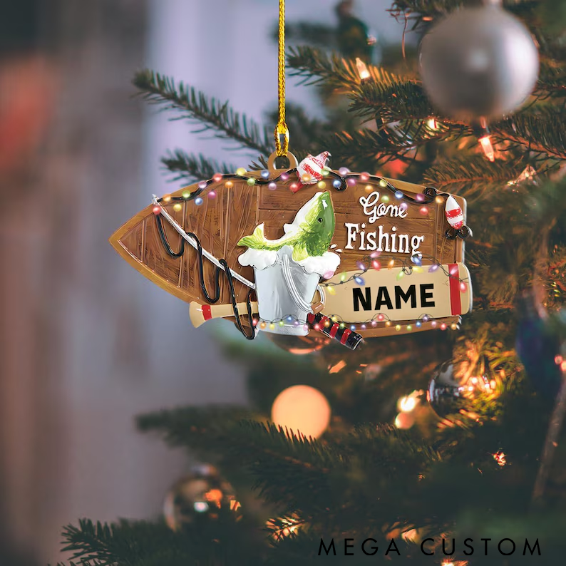 Personalized Fishing Christmas Ornament 'Gone Fishing Design with Festive Lights Fishing Man Ornament Christmas Gift Perfect Gift for Fishing Lovers and Holiday Decor