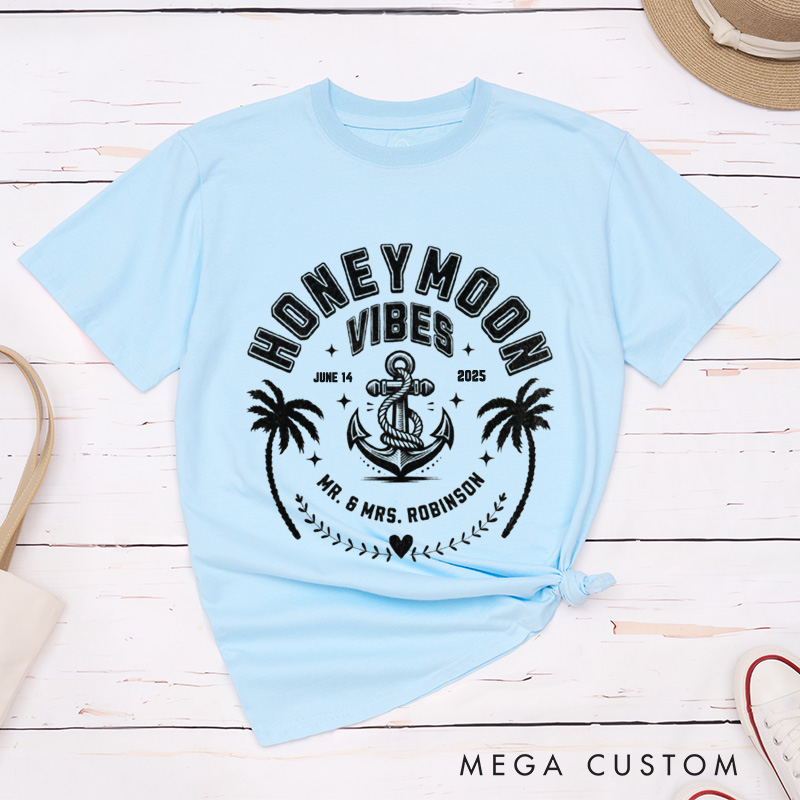Personalized Nautical Honeymoon Vibes with Anchor and Palm Trees Matching Honeymoon Couple Classic T-Shirt