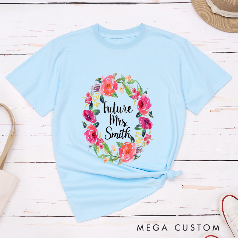 Personalized Romantic Watercolor Floral Wreath Future Mrs Fiancee Engagement Fiancée Classic T-Shirt