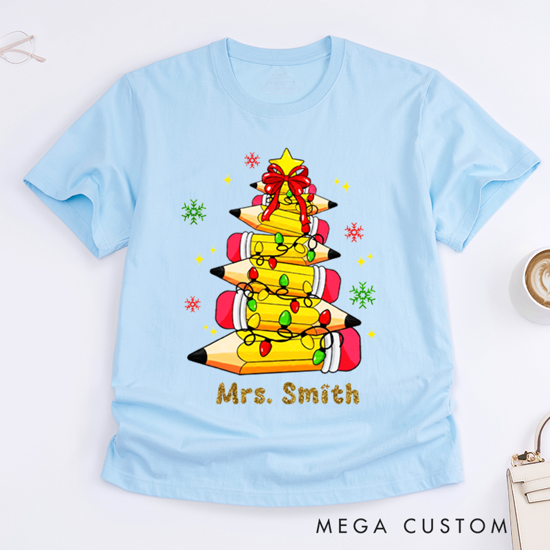 Personalized Teacher Christmas T-Shirts Cute Pencil Light Star Snowflake Design Shirt Christmas Gift for Teachers