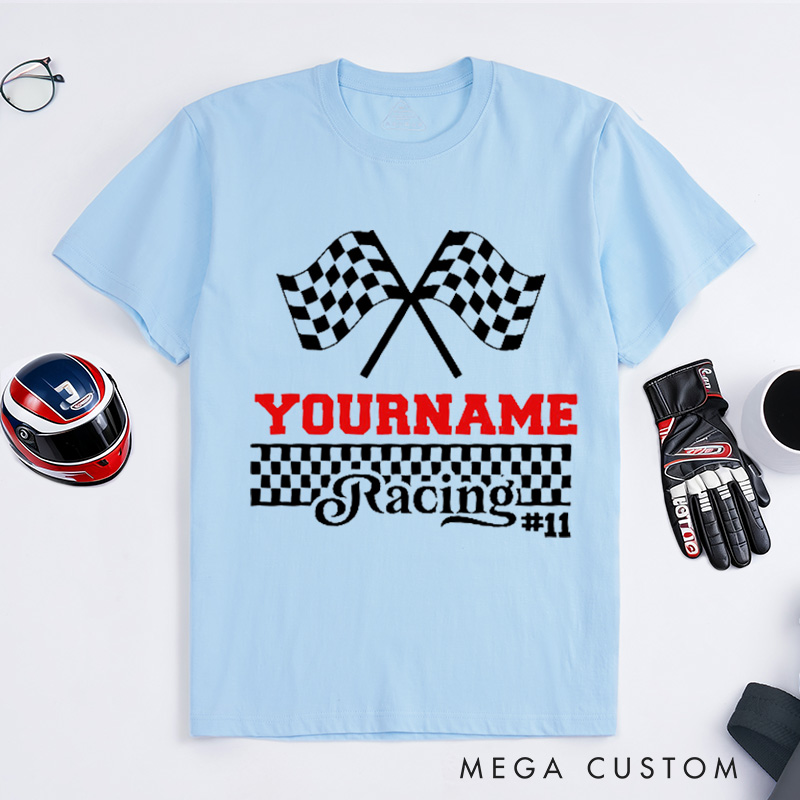 Personalized Racing Checkered Flag T-Shirt Custom Name and Number Race Team Tee Gift for Racers and Racing Lovers