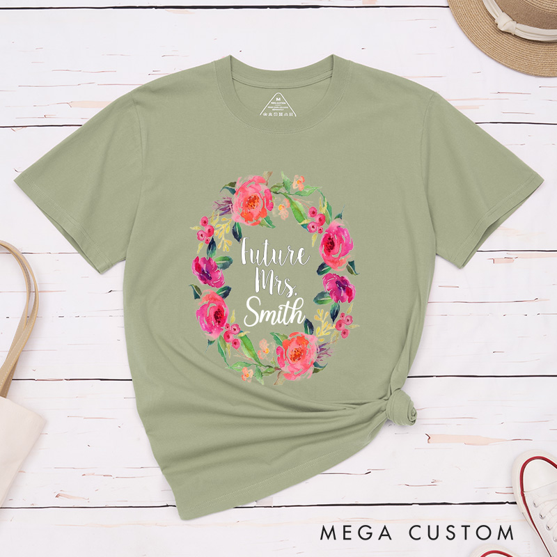Personalized Romantic Watercolor Floral Wreath Future Mrs Fiancee Engagement Fiancée Classic T-Shirt