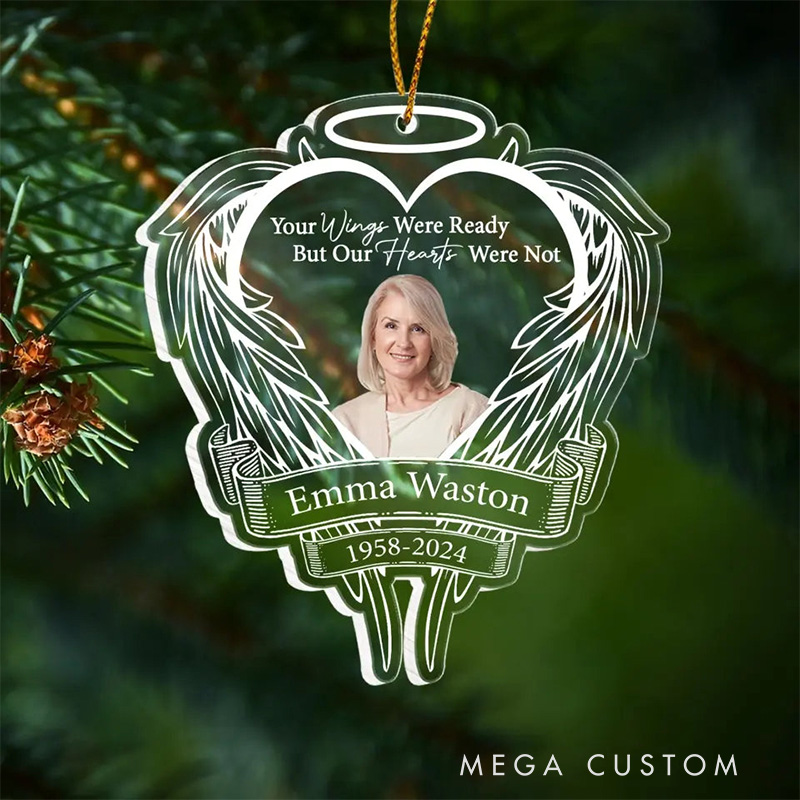 Personalized Heart Shaped Memorial Ornament Custom Angel Wings Your Wings Were Ready Photo Name Year Sympathy Gift