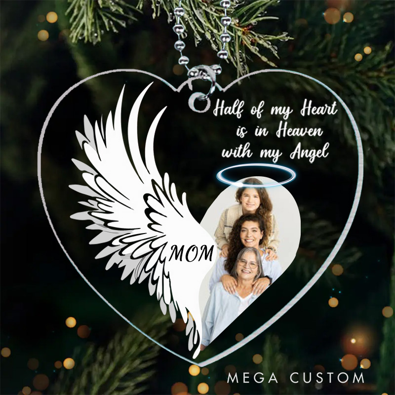 Personalized Heart Shaped Memorial Ornament Custom Photo Name Year Angel Wings Half Of My Heart Keepsake