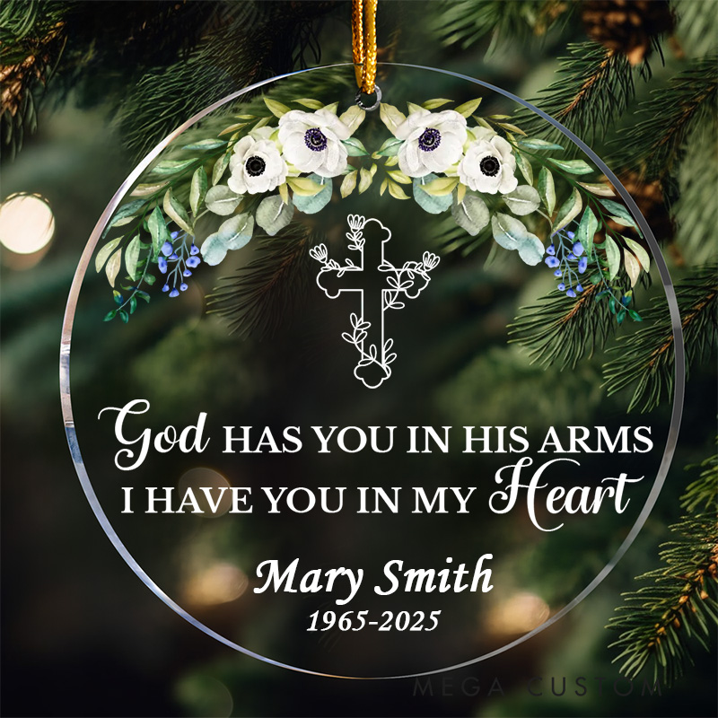 Personalized Round Memorial Ornament With Floral Cross Custom Name Date God Has You In His Arms Memorial Gift