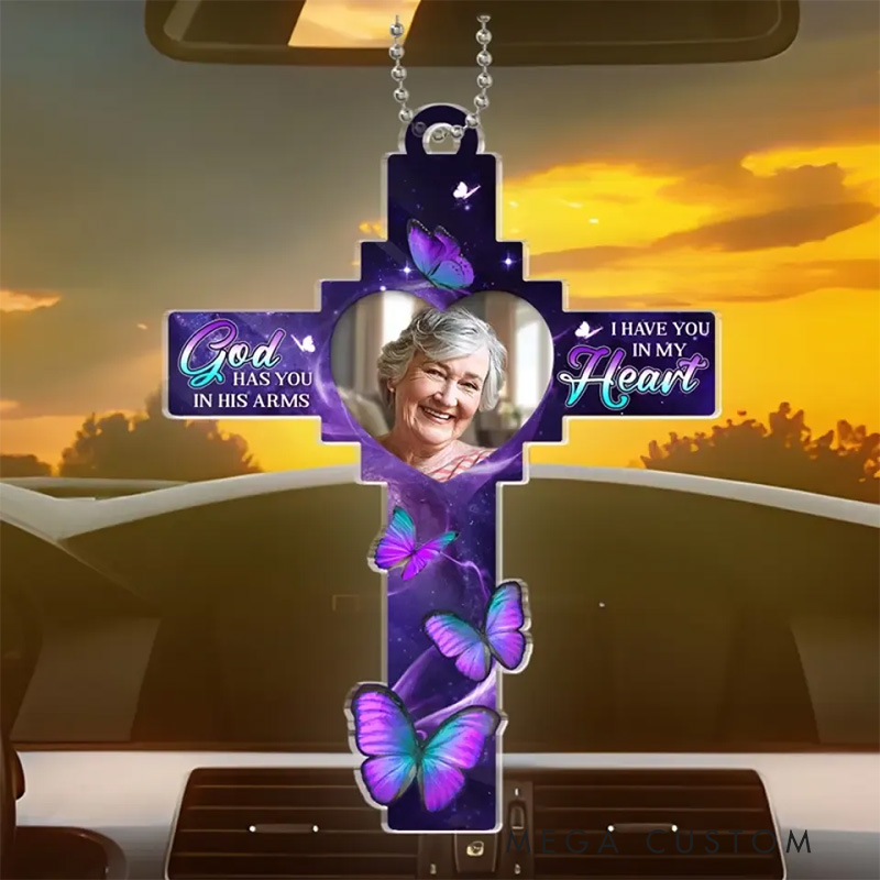 Personalized Cross Car Ornament With Purple Butterflies Custom Photo God Has You In His Arms Keepsake