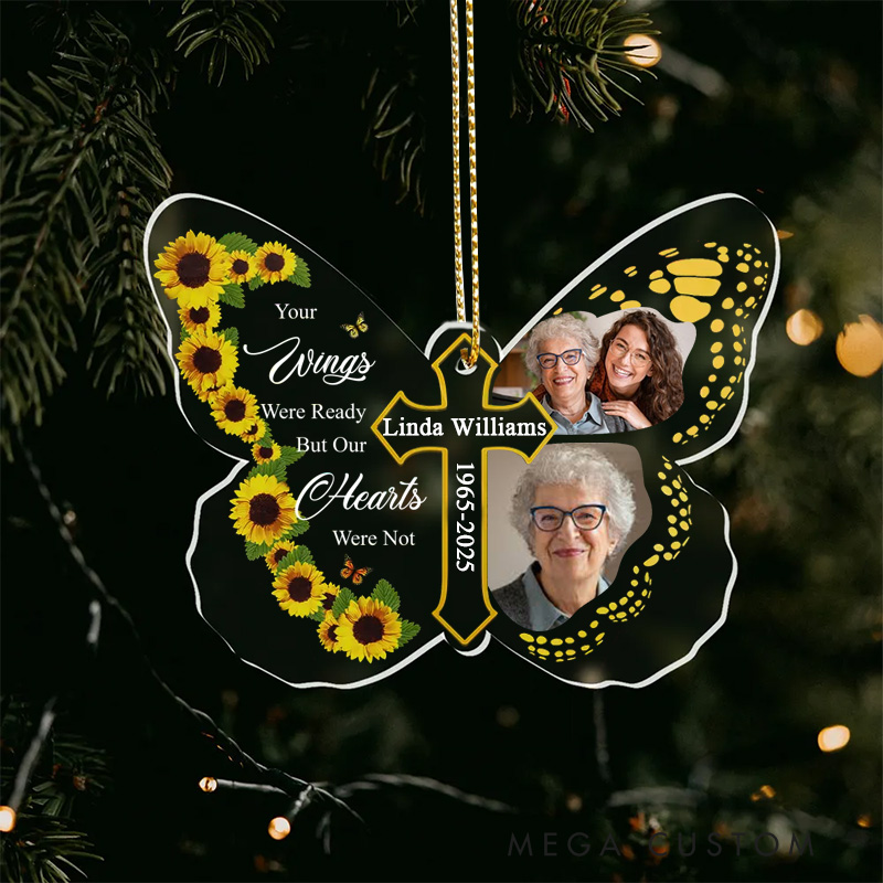 Personalized Butterfly Memorial Ornament Sunflowers Cross Custom Photos Name Year Your Wings Were Ready Keepsake