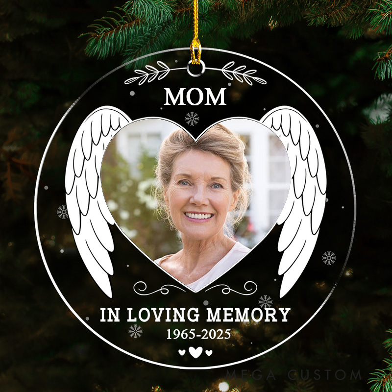 Personalized Round Memorial Ornament With Angel Wings Custom Photo Name Date In Loving Memory Keepsake