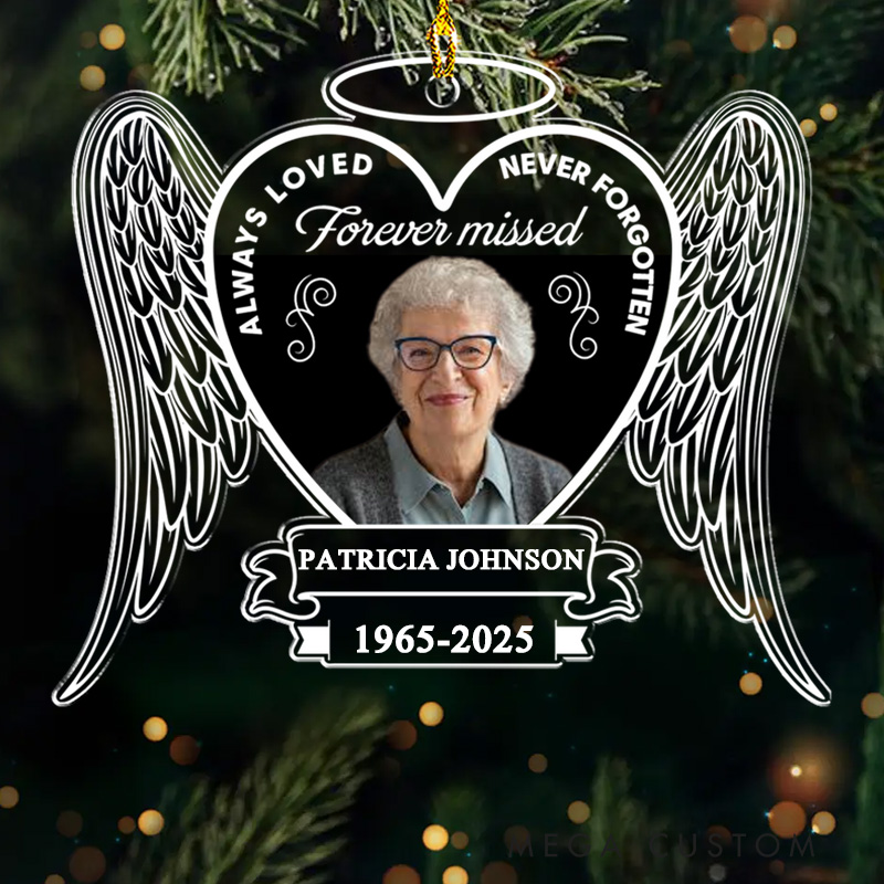Personalized Heart Shaped Memorial Ornament With Angel Wings Halo Custom Photo Name Date Always Loved Never Forgotten Forever Missed Keepsake