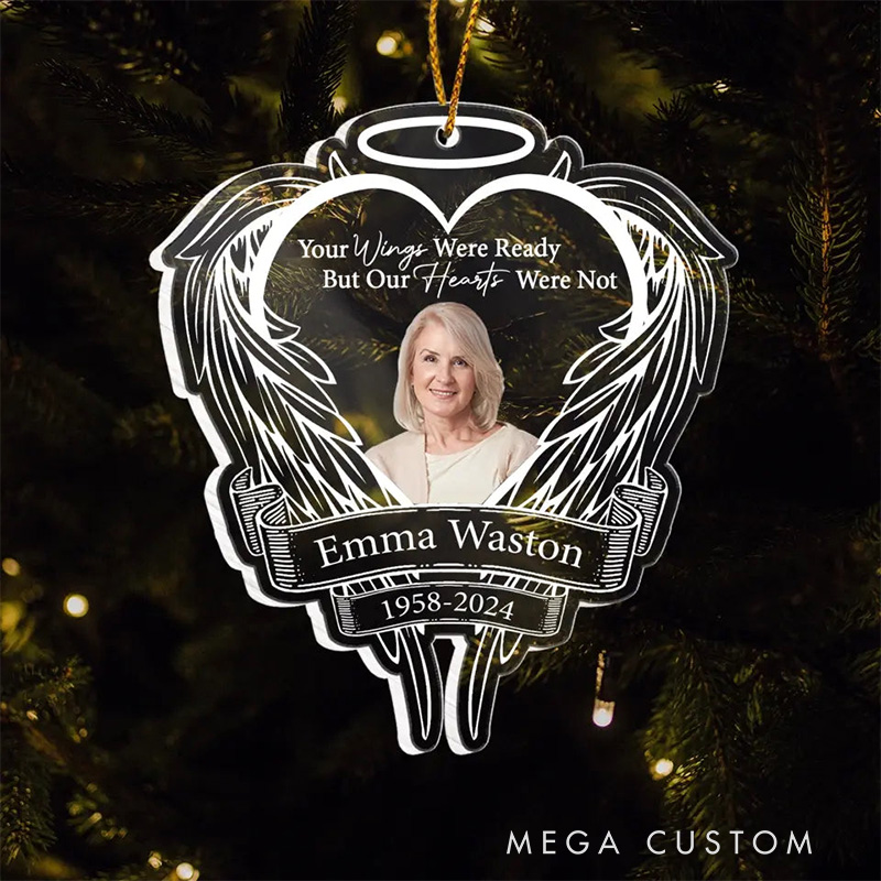 Personalized Heart Shaped Memorial Ornament Custom Angel Wings Your Wings Were Ready Photo Name Year Sympathy Gift