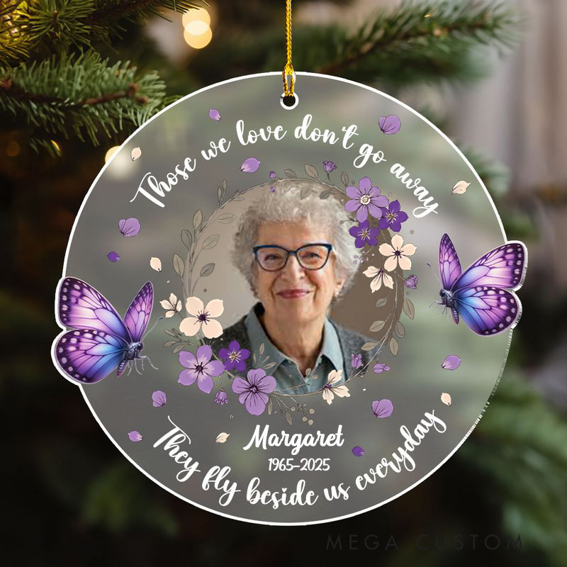 Personalized Round Memorial Ornament With Purple Flowers Butterflies Custom Photo Name Date Those We Love Dont Go Away Keepsake