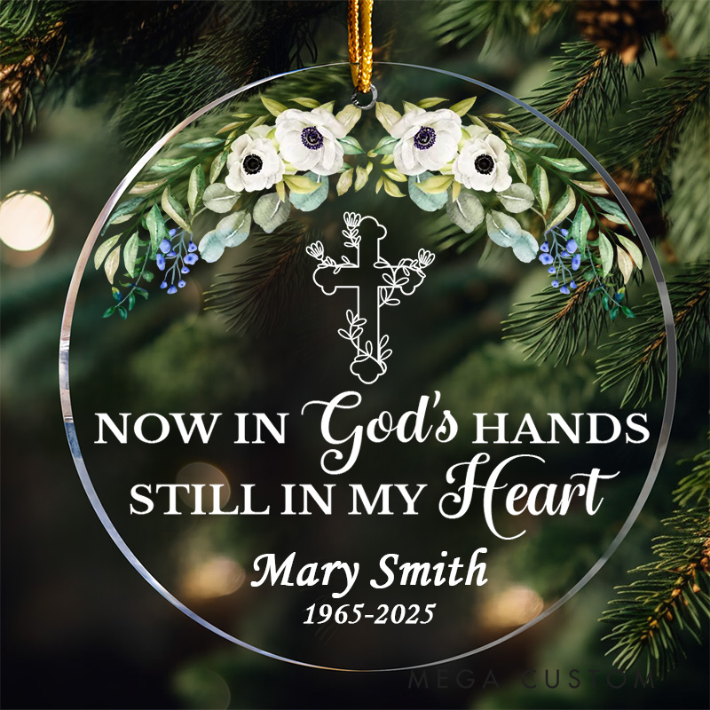 Personalized Round Memorial Ornament With Floral Cross Custom Name Date God Has You In His Arms Memorial Gift