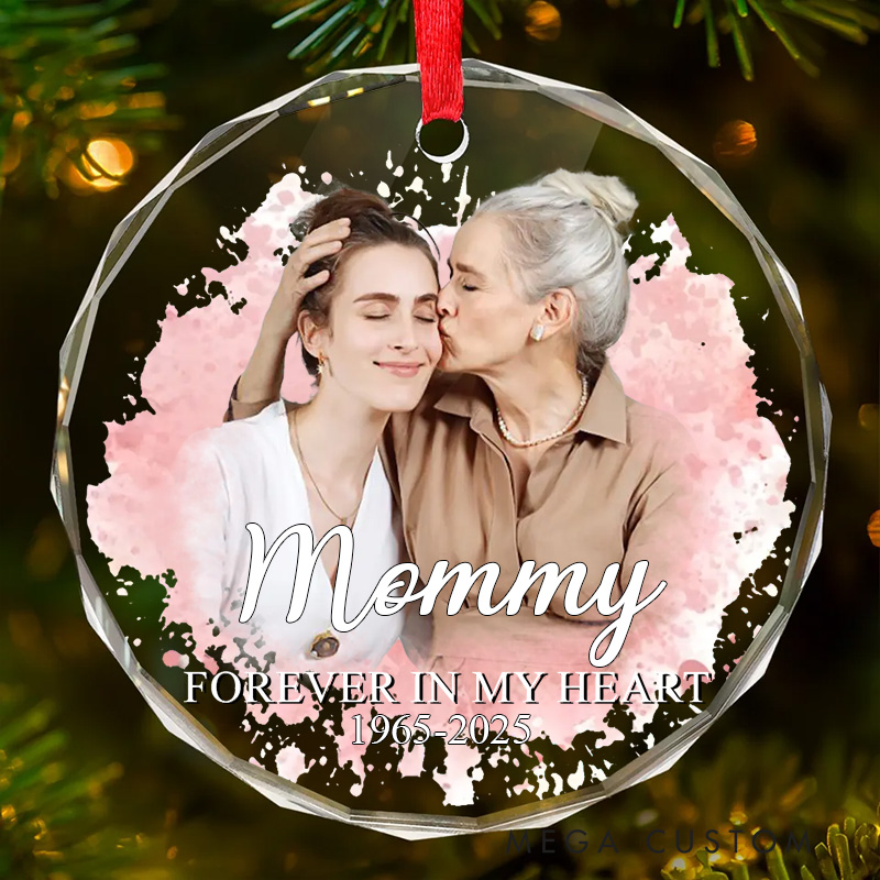 Personalized Crystal Memorial Ornament With Custom Photo Name Date Mommy Forever In My Heart Memorial Gift