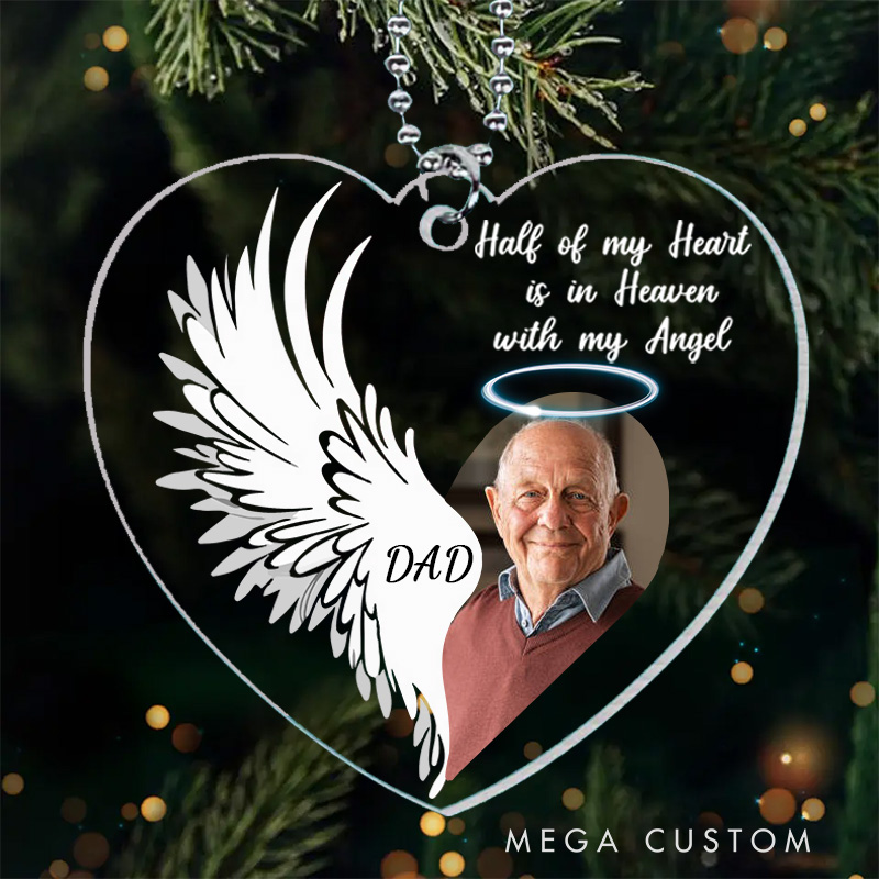 Personalized Heart Shaped Memorial Ornament Custom Photo Name Year Angel Wings Half Of My Heart Keepsake