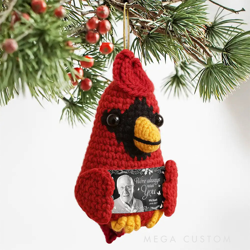 Personalized Crochet Cardinal Memorial Ornament With Custom Photo Name Date Although You Cannot See Me Keepsake