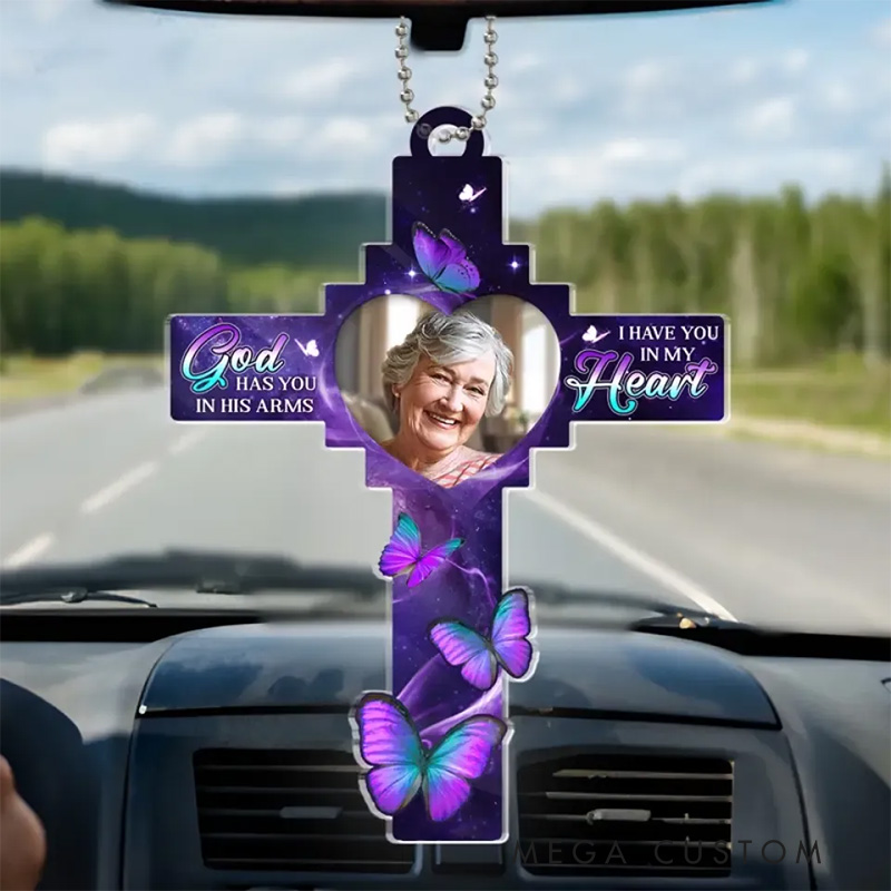 Personalized Cross Car Ornament With Purple Butterflies Custom Photo God Has You In His Arms Keepsake