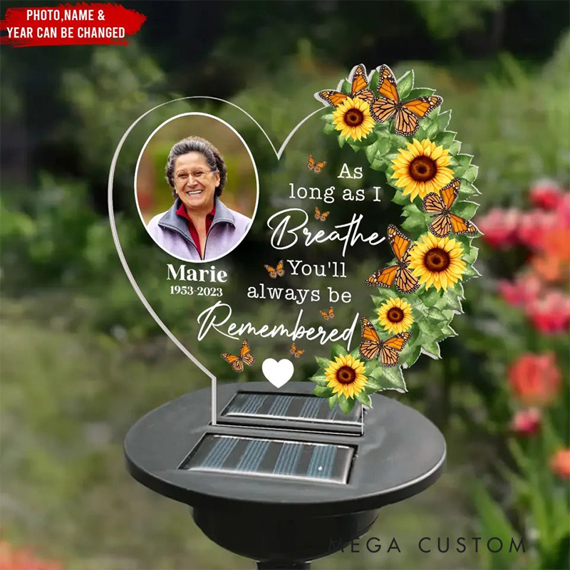 Personalized Heart Shaped Solar Memorial Stake With Sunflowers Butterflies Custom Photo Name Date Youll Always Be Remembered Memorial Gift