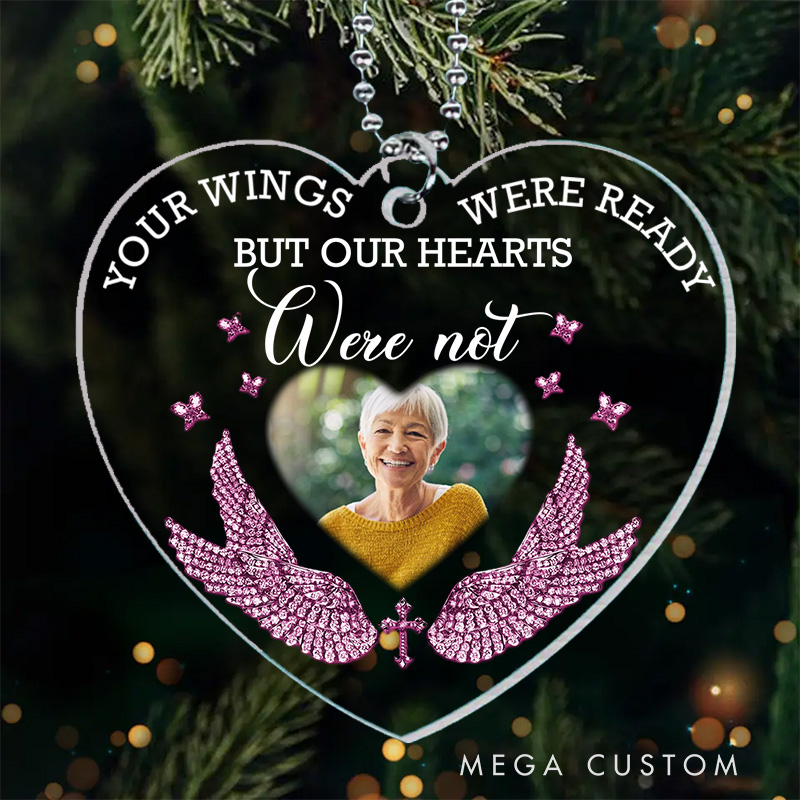 [Copy]Personalized Heart Shaped Memorial Ornament With Angel Wings Rose Accents Custom Photo Name Your Wings Were Ready Keepsake