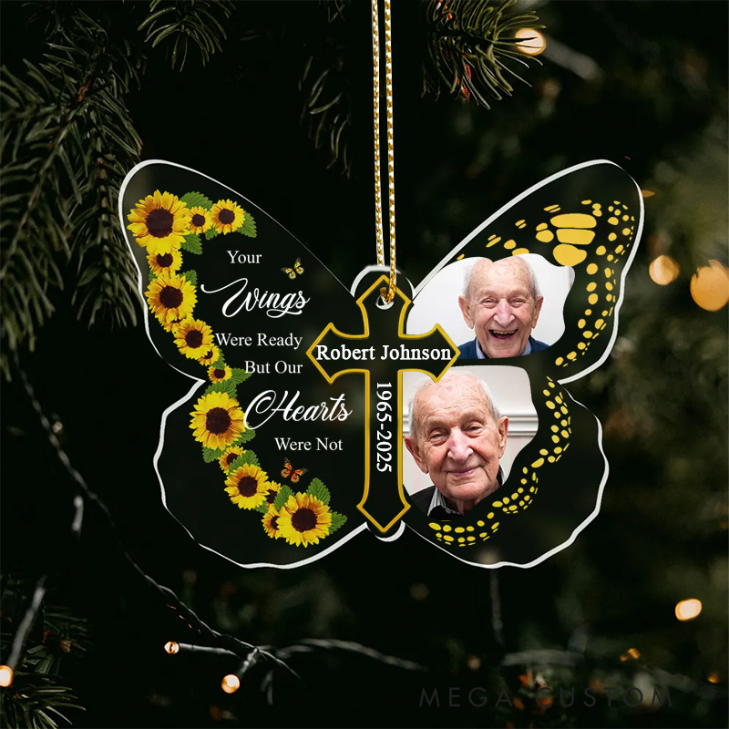 Personalized Butterfly Memorial Ornament Sunflowers Cross Custom Photos Name Year Your Wings Were Ready Keepsake