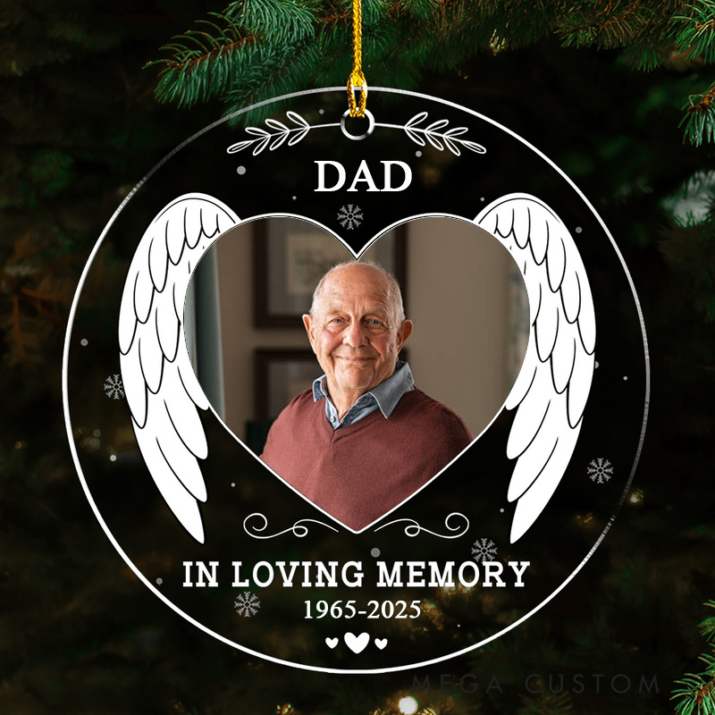 Personalized Round Memorial Ornament With Angel Wings Custom Photo Name Date In Loving Memory Keepsake