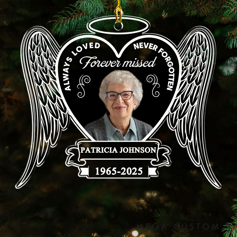 Personalized Heart Shaped Memorial Ornament With Angel Wings Halo Custom Photo Name Date Always Loved Never Forgotten Forever Missed Keepsake