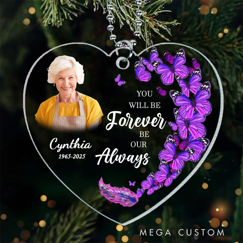 Personalized Heart Shaped Memorial Ornament Customizable Photo Name Year Quote Purple Butterflies Feather Keepsake