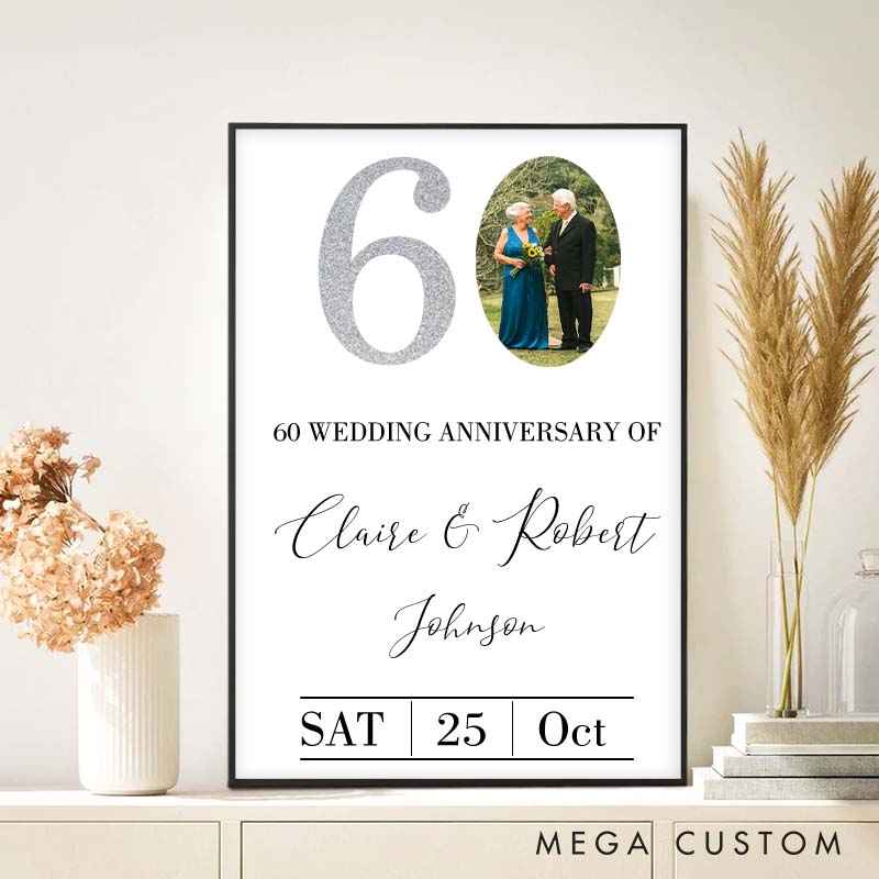 Personalized 60 Years Anniversary Canvas Painting Diamond Anniversary Canvas with Photo Husband Wife Anniversary Painting Gift