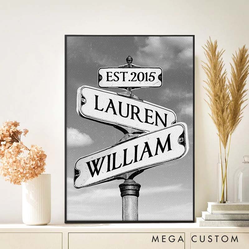 Personalized Anniversary Crossroads of Love Canvas Painting Idea Street Sign Couple Canvas Painting Gift for Husband Wife Couple Anniversary Painting