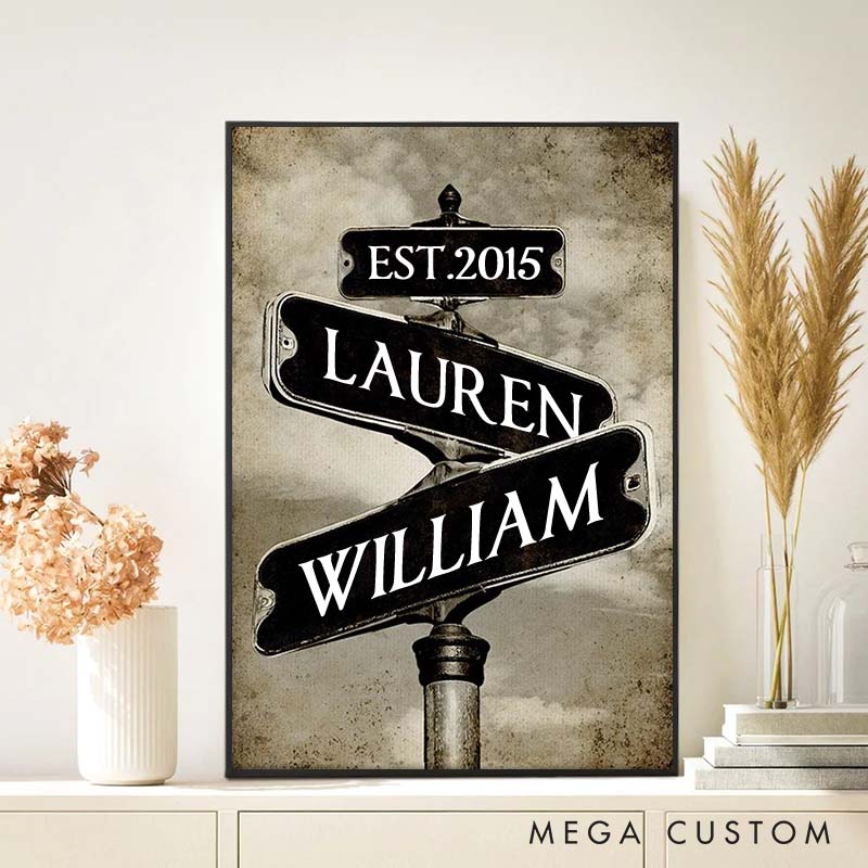 Personalized Anniversary Crossroads of Love Canvas Painting Vintage  Nostalgic Crossing Sign Couple Canvas Painting Gift for Couple